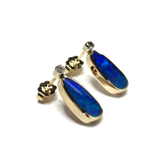 Opal Earrings Tear Drop Inlaid Design .04ctw Round Diamonds 14k Yellow Gold