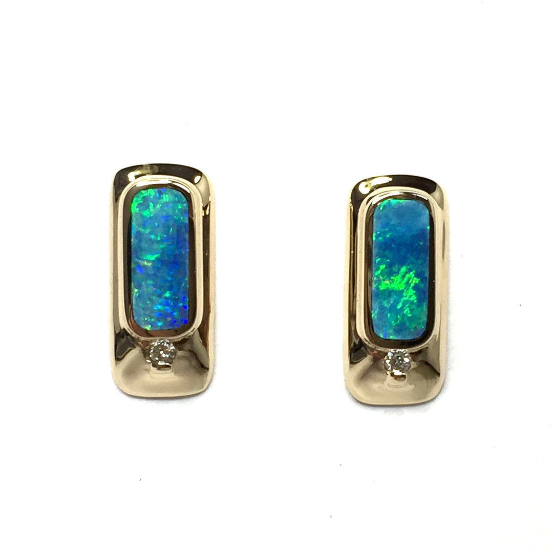 Opal Earrings Rectangle Inlaid .05ctw Round Diamonds 14k Yellow Gold
