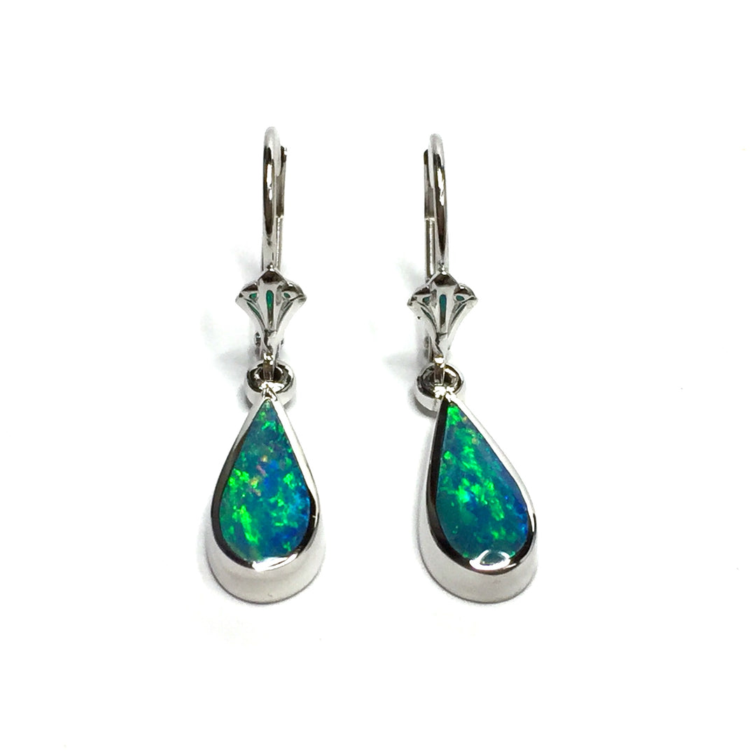 Opal Earrings Tear Drop Inlaid Design Lever Backs 14k White Gold