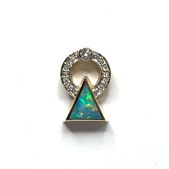 Opal Pendant Triangle Inlaid .16ctw Round Diamonds Halo 14k Yellow Gold