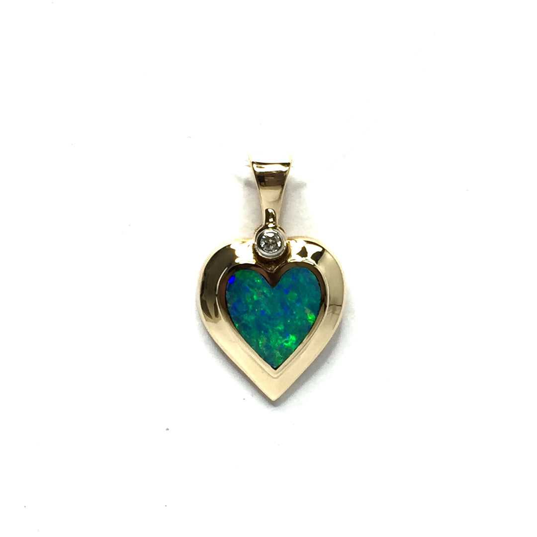 Opal Pendant Heart Shape Inlaid Design .02ct Round Diamond 14k Yellow Gold