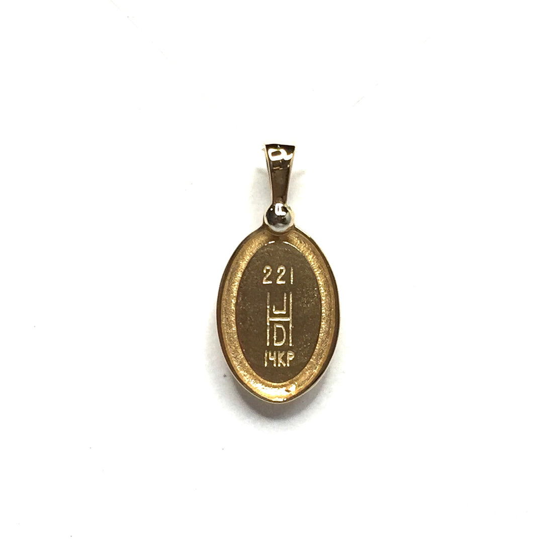 Opal Pendant Oval Inlaid Design .02ct Round Diamond 14k Yellow Gold