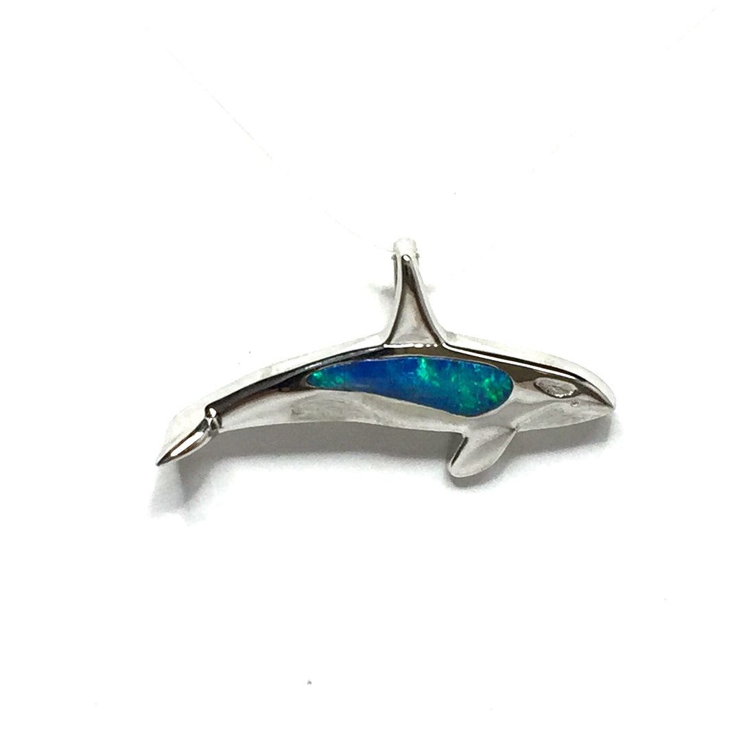 Opal Pendant Inlaid Realistic Orca Whale Design 14k White Gold