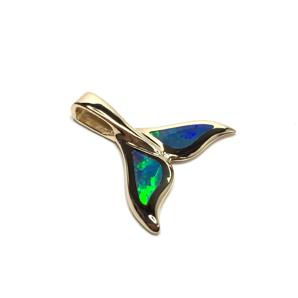 Whale tail necklaces natural opal double sided inlaid sea life pendant made of 14k yellow gold