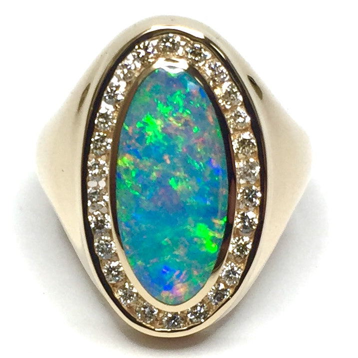 Opal Rings Oval Inlaid Design .36ctw Round Diamonds Halo 14k Yellow gold
