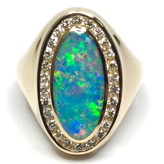 Opal Rings Oval Inlaid Design .36ctw Round Diamonds Halo 14k Yellow gold
