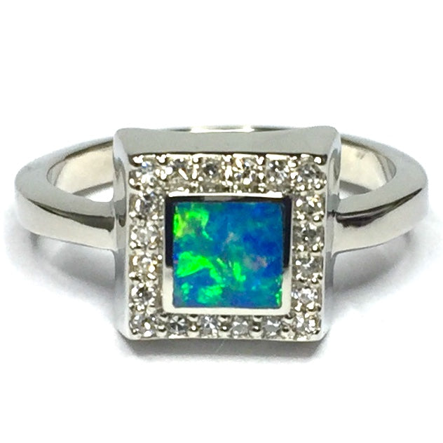 Natural Australian Opal Rings Square Inlaid .14ctw Round Diamonds Halo 14k White Gold