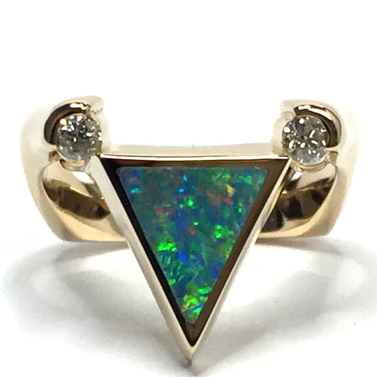 Natural Australian Opal Rings Triangle Inlaid .14ctw Round Diamonds 14k Yellow Gold