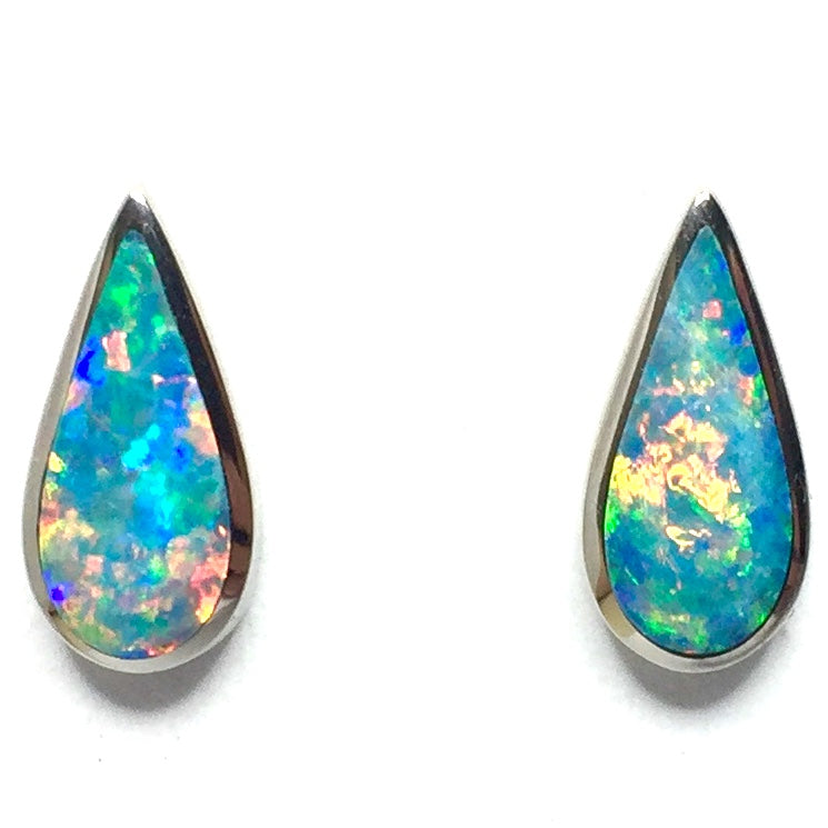 Opal Earrings Tear Drop Inlaid Design Studs 14k White Gold