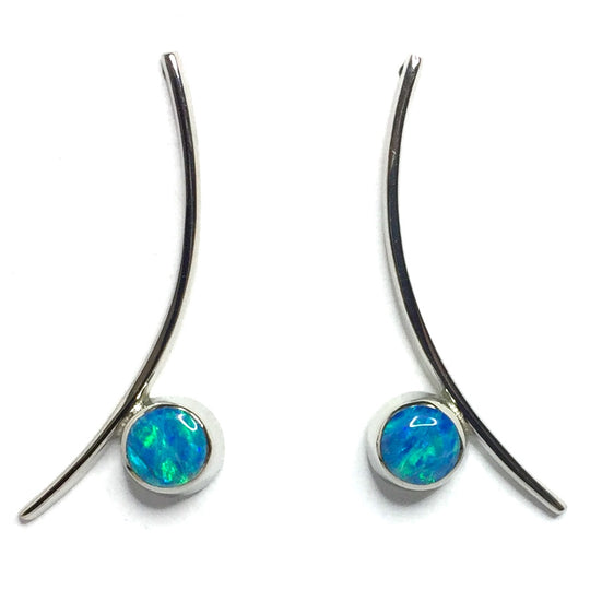 Opal Earrings Round Inlaid Curved Bar Design Studs 14k White Gold