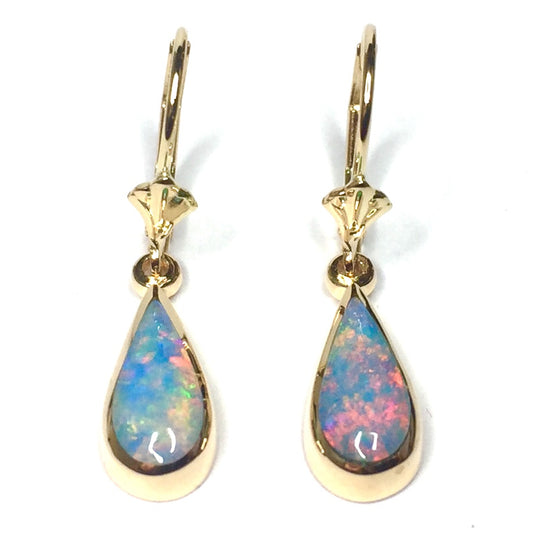 Opal Earrings Tear Drop Inlaid Design Lever Backs 14k Yellow Gold