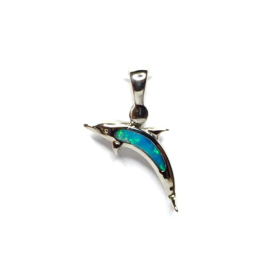 Opal pendant Inlaid Realistic Dolphin Sea Life Design 14k White Gold