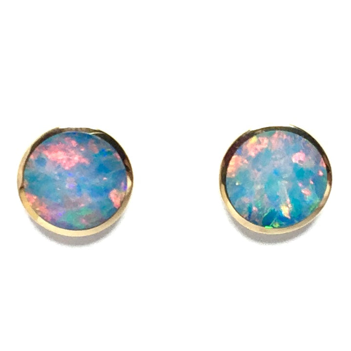 Opal Earrings 9mm Round Inlaid Design Studs 14k Yellow Gold
