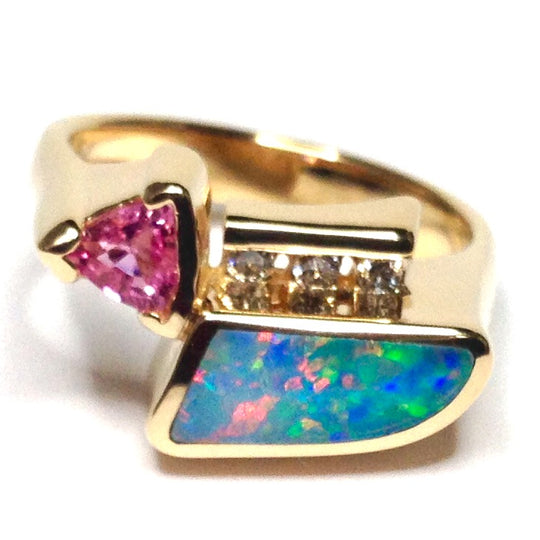 Natural Australian Opal Rings Geometric Inlaid Pink Sapphire and .08ctw Round Diamonds 14k Yellow Gold