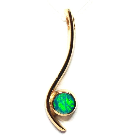 Opal Pendant Round Inlaid Curved Bar Design 14k Yellow Gold