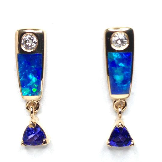 Opal Earrings Inlaid Trillion Cut Tanzanite .11ctw Round Diamonds 14k Yellow Gold
