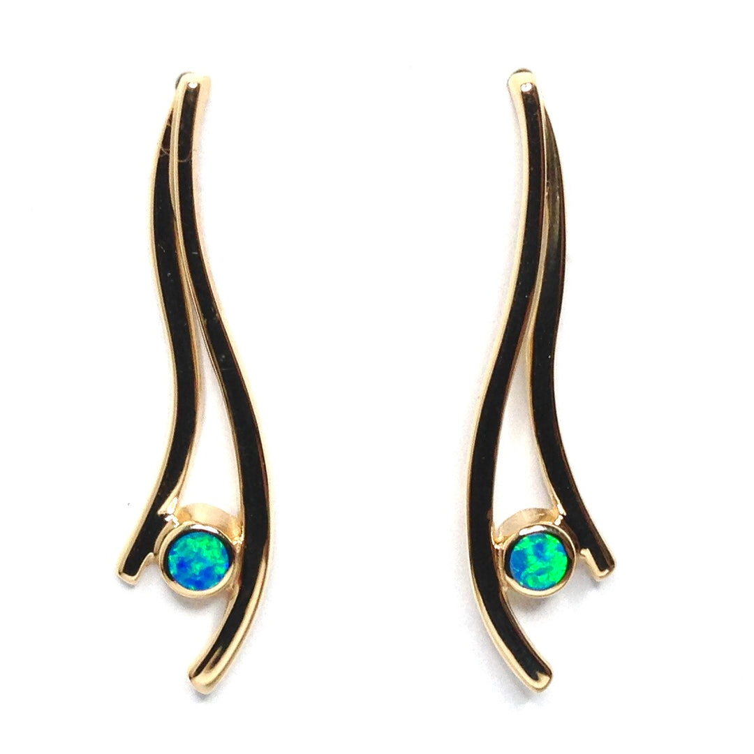 Opal Earrings Round Inlaid Double Curved Bar Design Studs 14k Yellow gold