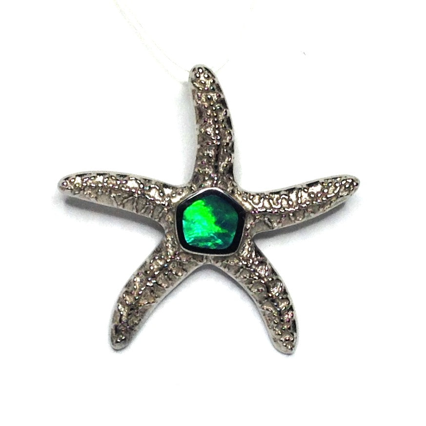 Opal pendant inlaid realistic star fish sea life design 14k white gold