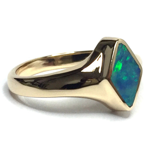 Opal Rings Diamond Shape Inlaid Design 14k Yellow Gold