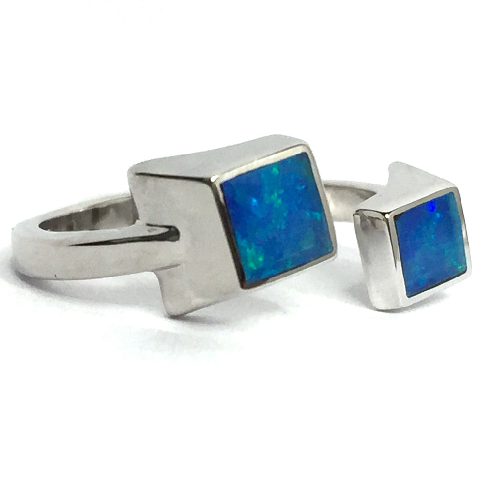 Natural Australian Opal Rings Square Ends Inlaid Wrap Design 14k White Gold