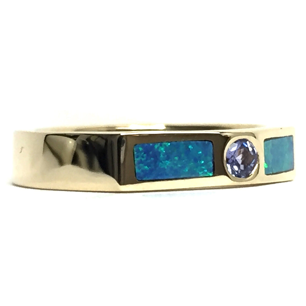 Round Tanzanite Double Sided Natural Opal Inlay Ring made of 14k Yellow Gold