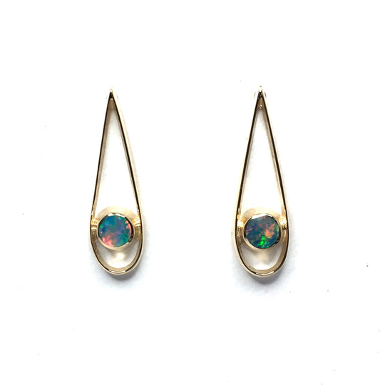 Opal Earrings Round Inlaid Open Tear Drop Design Studs 14k Yellow gold