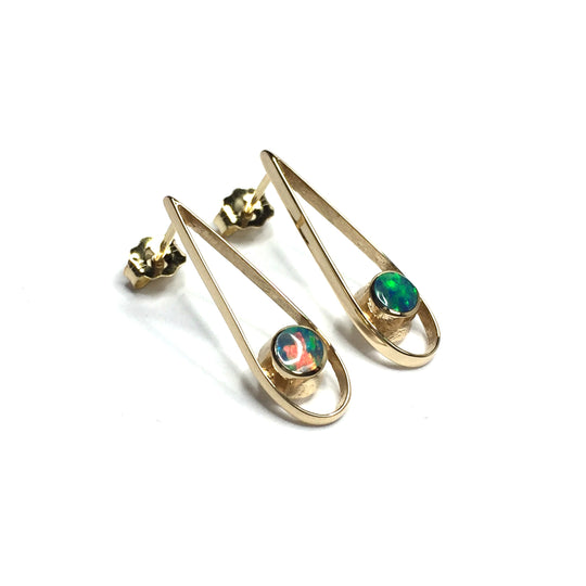 Opal Earrings Round Inlaid Open Tear Drop Design Studs 14k Yellow gold