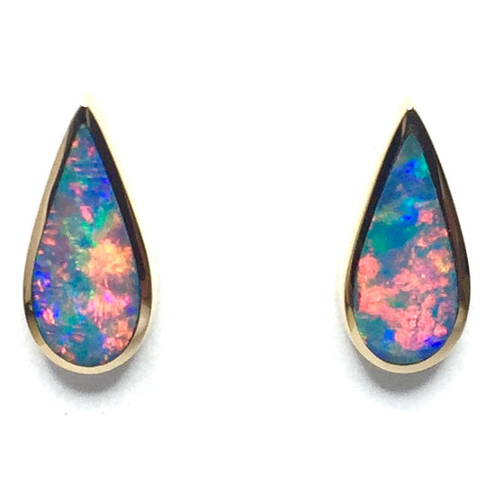 Opal Earrings Tear Drop Inlaid Design Studs 14k Yellow Gold