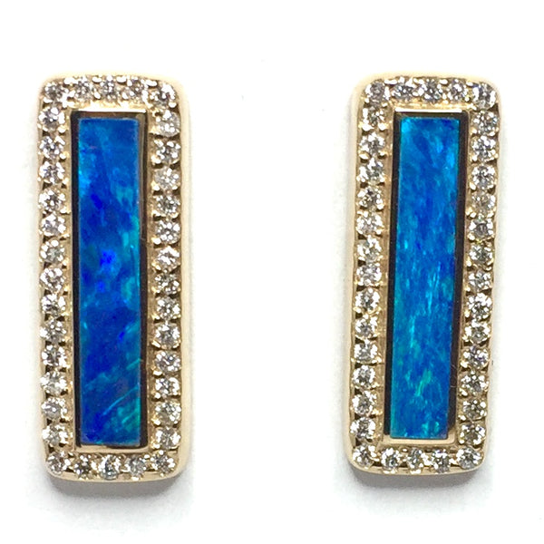 Opal Earrings Rectangle Inlaid .50ctw Round Diamonds Halo Design 14k Yellow Gold