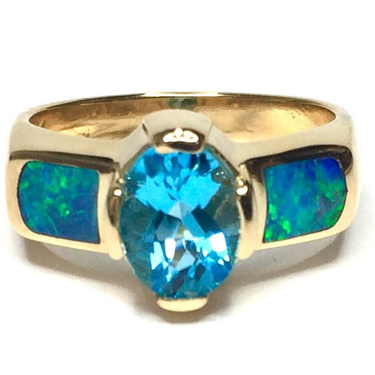 Natural Australian Opal Rings 2 Section Inlaid Design Oval Swiss Blue Topaz 14k Yellow Gold