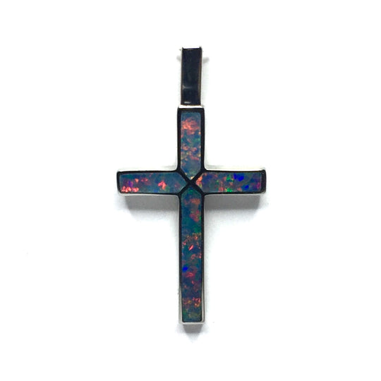 Opal Pendant 4 Section Inlaid Cross 14k White Gold