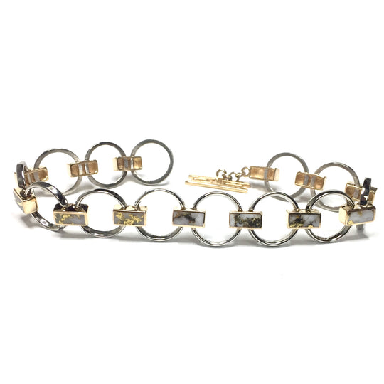 Circle and Rectangle Link Inlaid Gold Quartz Bracelet made of 14k White and Yellow Gold
