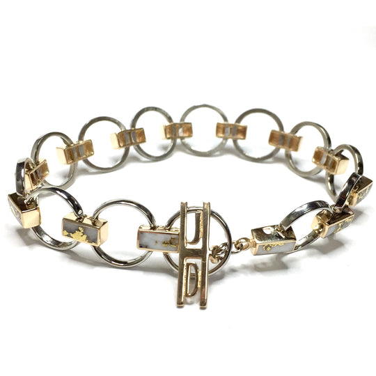 Circle and Rectangle Link Inlaid Gold Quartz Bracelet made of 14k White and Yellow Gold