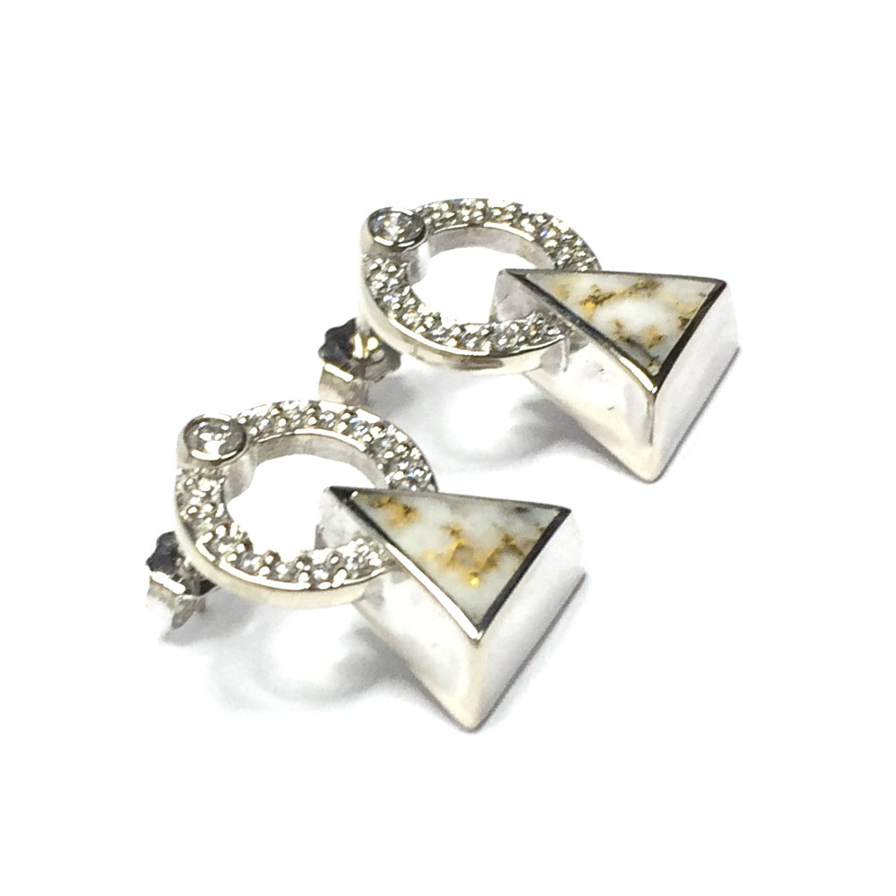 Gold Quartz Earrings Triangle Inlaid .32ctw Round Diamonds Halo 14k White Gold
