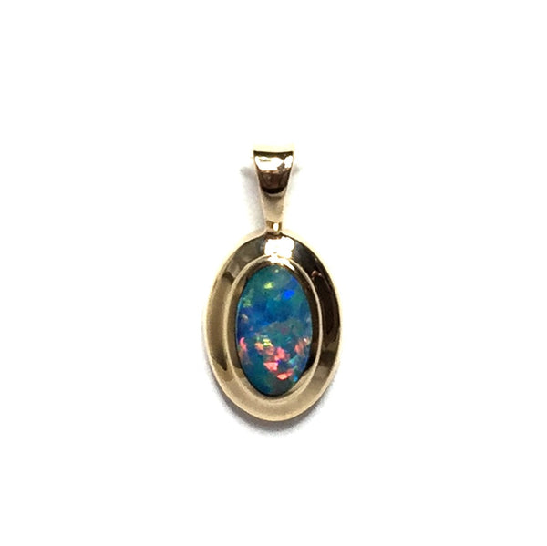 Opal Pendant Oval Inlaid Design 14k Yellow Gold