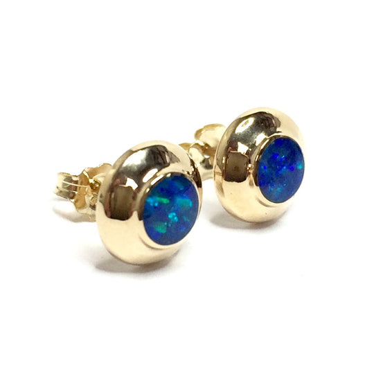 Opal Earrings Round Inlaid Design Studs 14k Yellow Gold