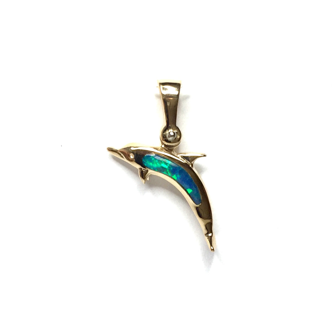 Opal Pendant Inlaid Realistic Dolphin Sea Life Design 14k Yellow Gold