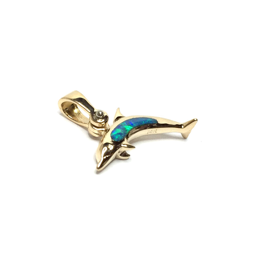 Opal Pendant Inlaid Realistic Dolphin Sea Life Design 14k Yellow Gold
