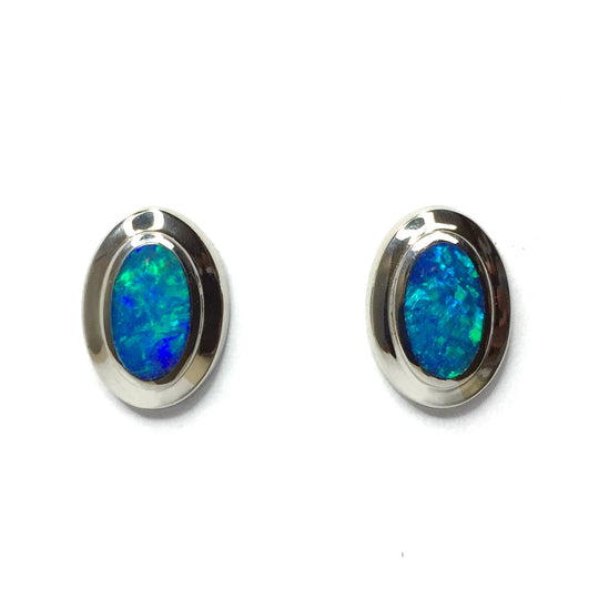 Opal Earrings Oval Inlaid Design Studs 14k White Gold