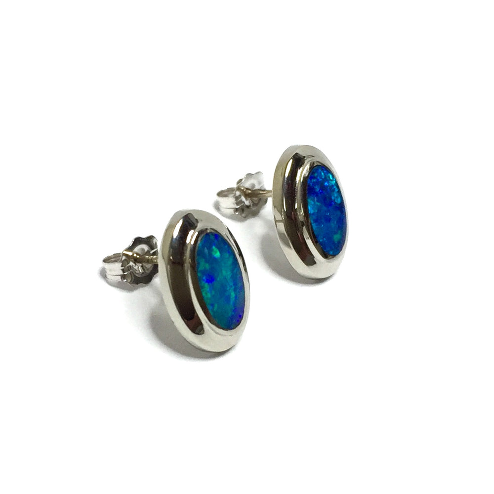 Opal Earrings Oval Inlaid Design Studs 14k White Gold