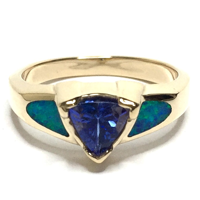 14k yellow gold natural Australian opal rings 2 section inlaid design with trillion cut tanzanite