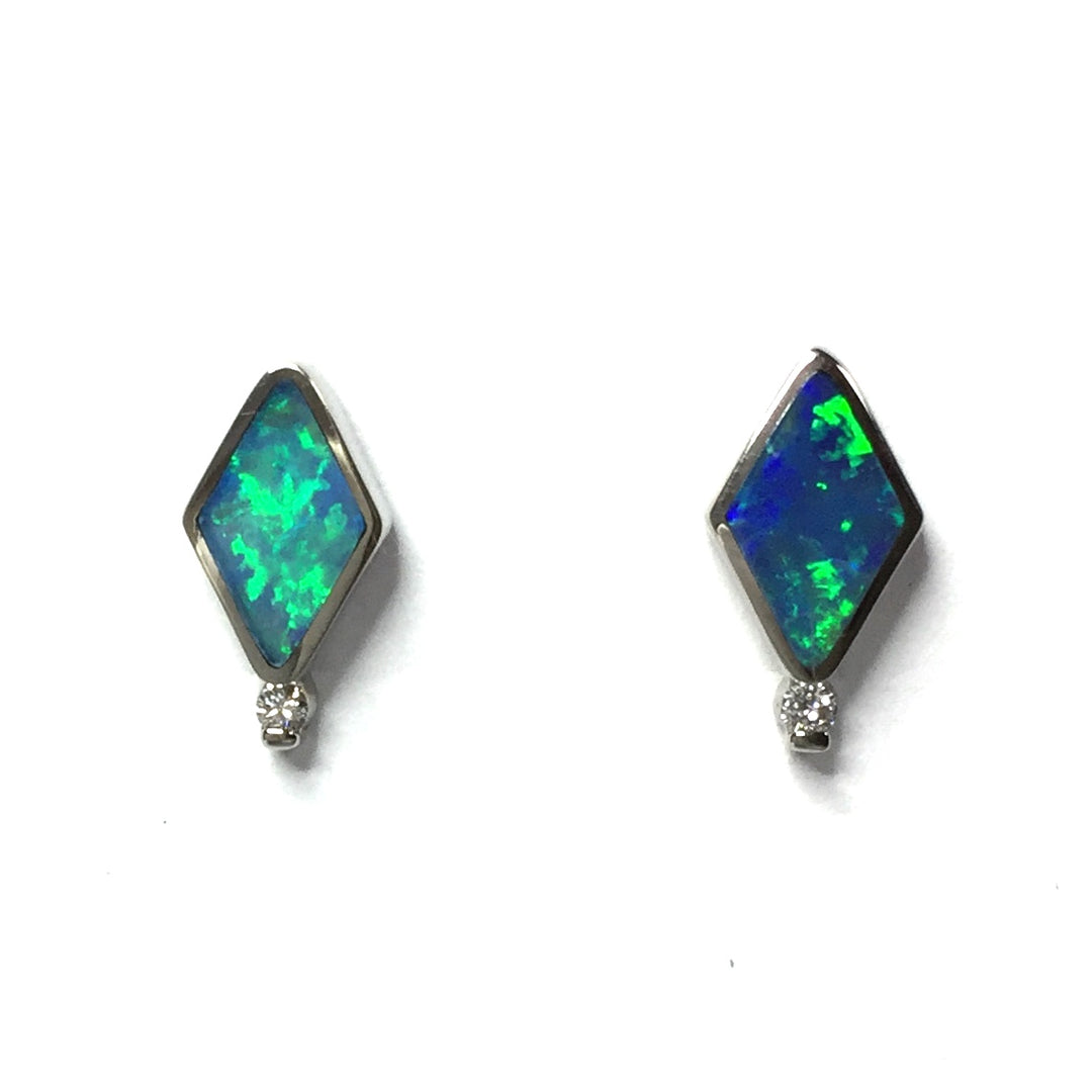 Opal Earrings Diamond Shape Inlaid Studs .04ctw Round Diamonds 14k White Gold