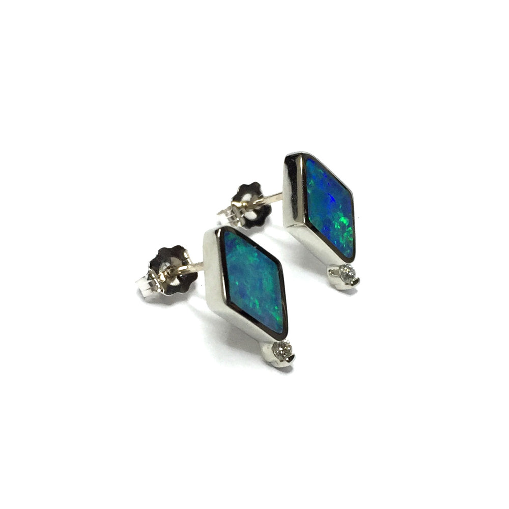 Opal Earrings Diamond Shape Inlaid Studs .04ctw Round Diamonds 14k White Gold