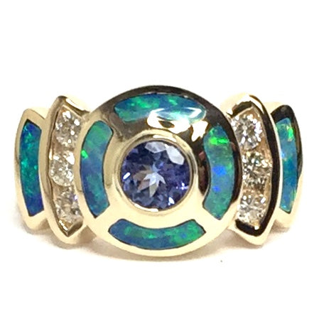 Natural Australian Opal Rings 6 Section Inlaid Round Tanzanite and .28ctw Diamonds 14k Yellow Gold