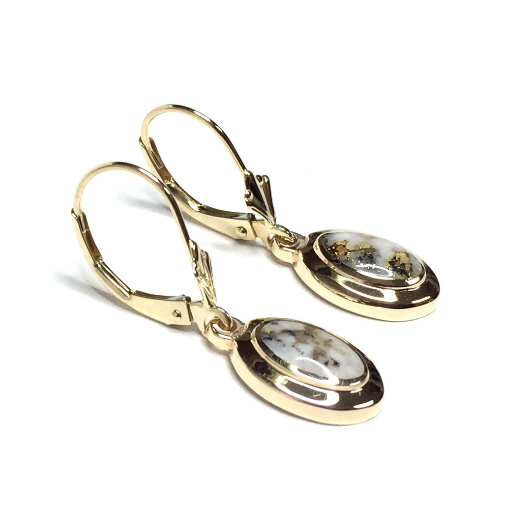 Gold Quartz Earrings Oval Shape Inlaid Design Lever Backs 14k Yellow Gold