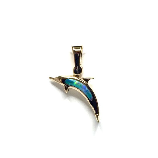 Opal Pendant Inlaid Sea Life Dolphin Design 14k Yellow Gold