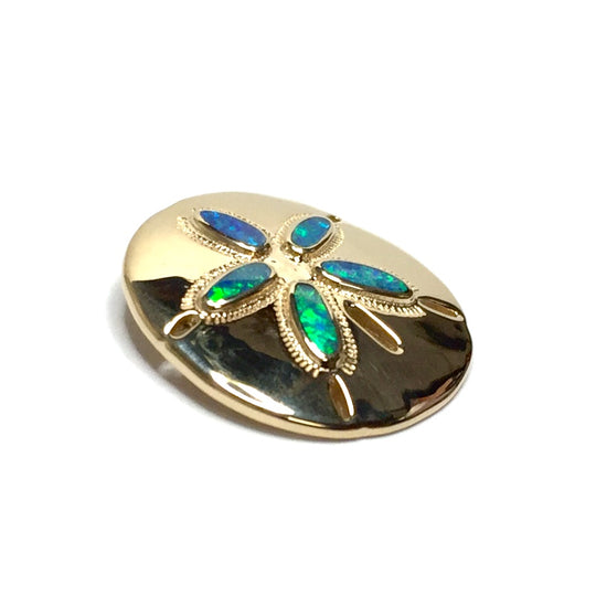 Opal pendant inlaid realistic sand dollar sea life design 14k yellow gold