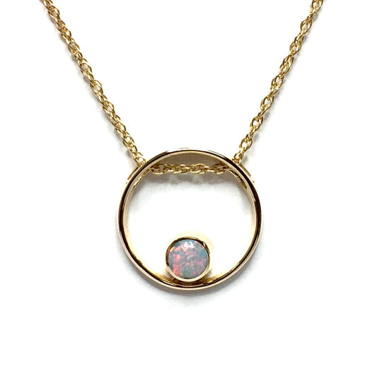 Opal Pendant Round Inlaid Open Circle Design 14k Yellow Gold