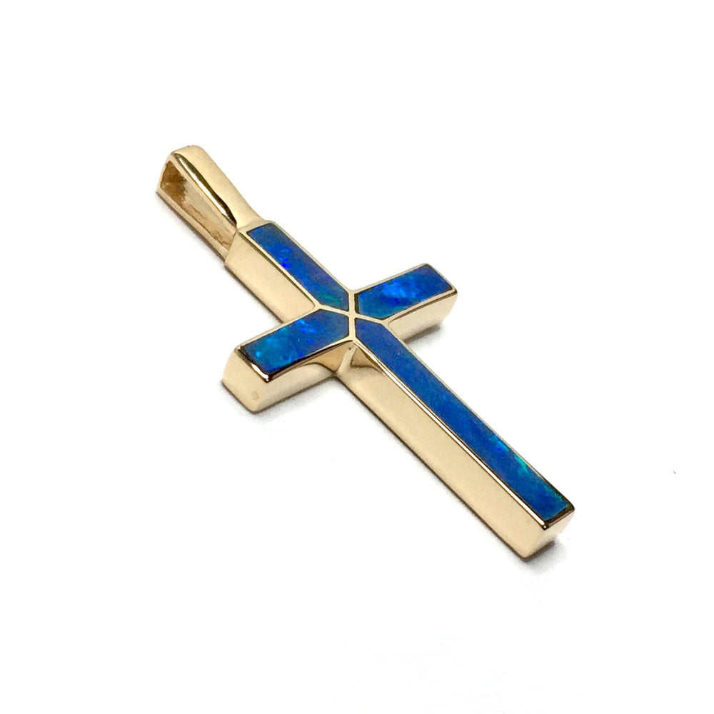 Opal Pendant 4 Section Inlaid Cross 14k Yellow Gold