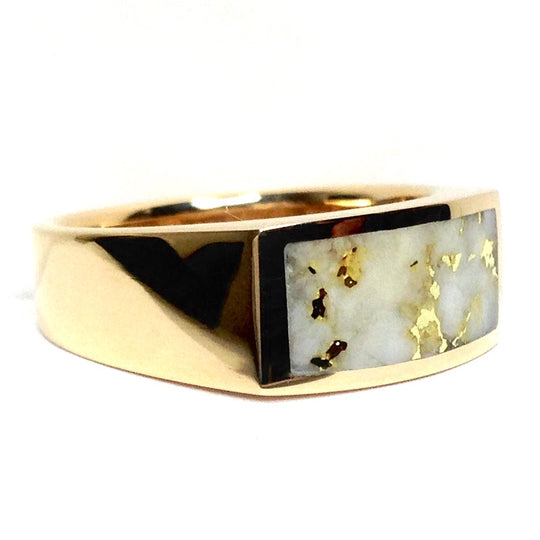 Gold Quartz Ring Rectangle Inlaid Design 14k Yellow Gold